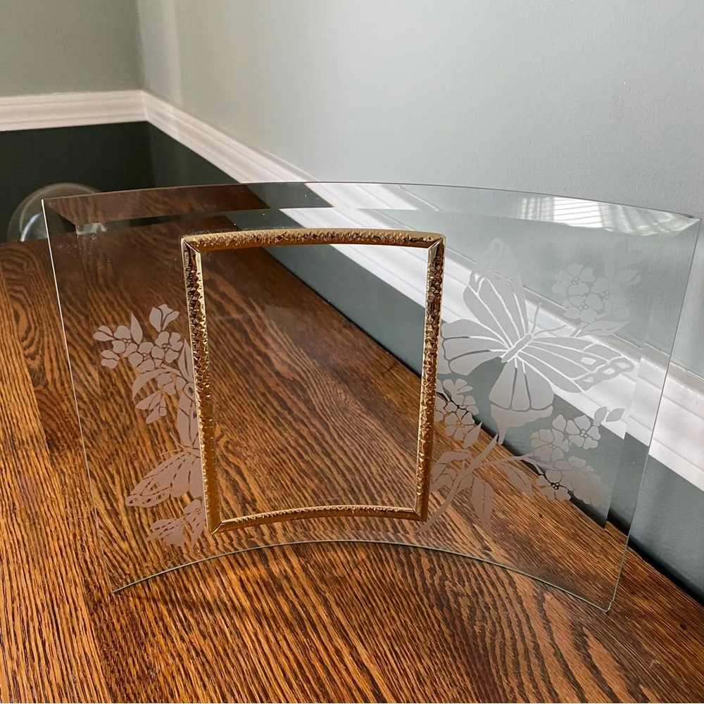 Vintage 1980s Curved Glass Photo Frame Etched Frosted Design Butterflies Flowers